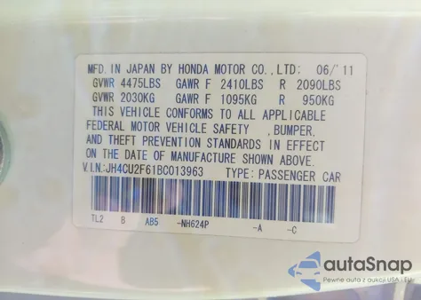 2011 Acura Tsx 2.4 z USA, uszkodzony, nr VIN JH4CU2F61BC013963
